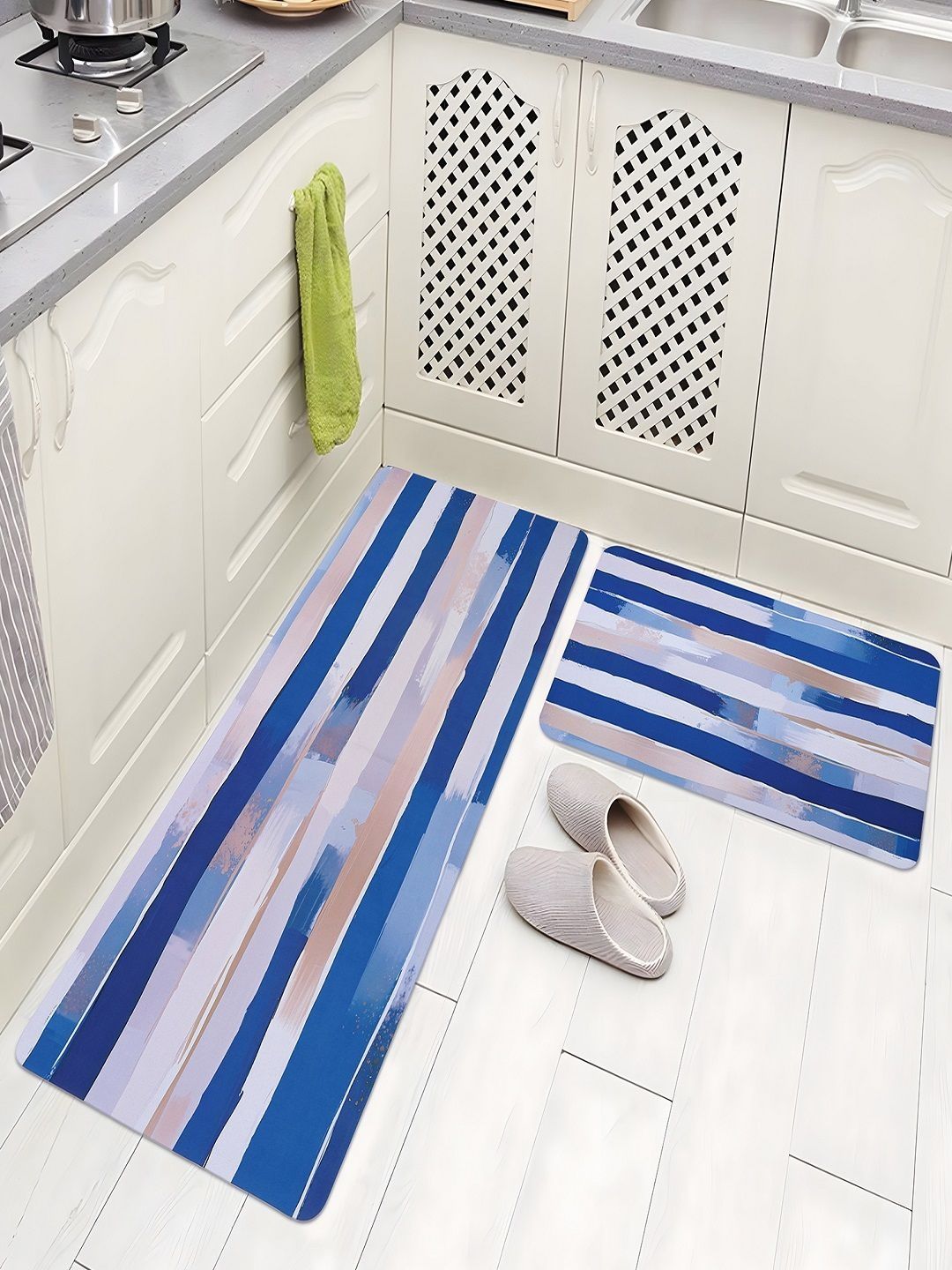 Aura Blue & White Printed Anti-Skid 2Pcs Kitchen Mats-picture-26