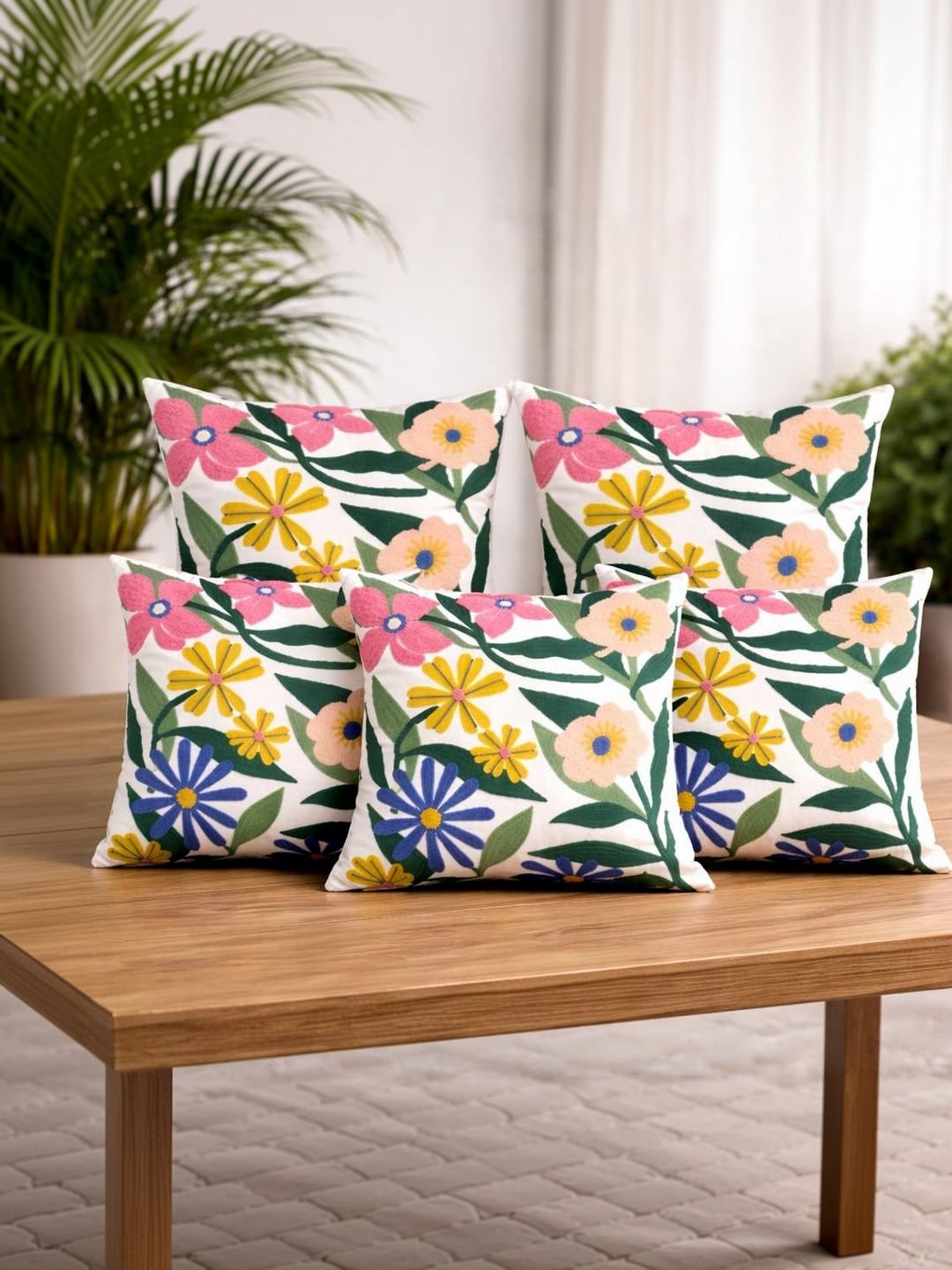 ZENSHA DECOR Multicoloured Set of 5 Floral Square Cushion Covers-picture-20