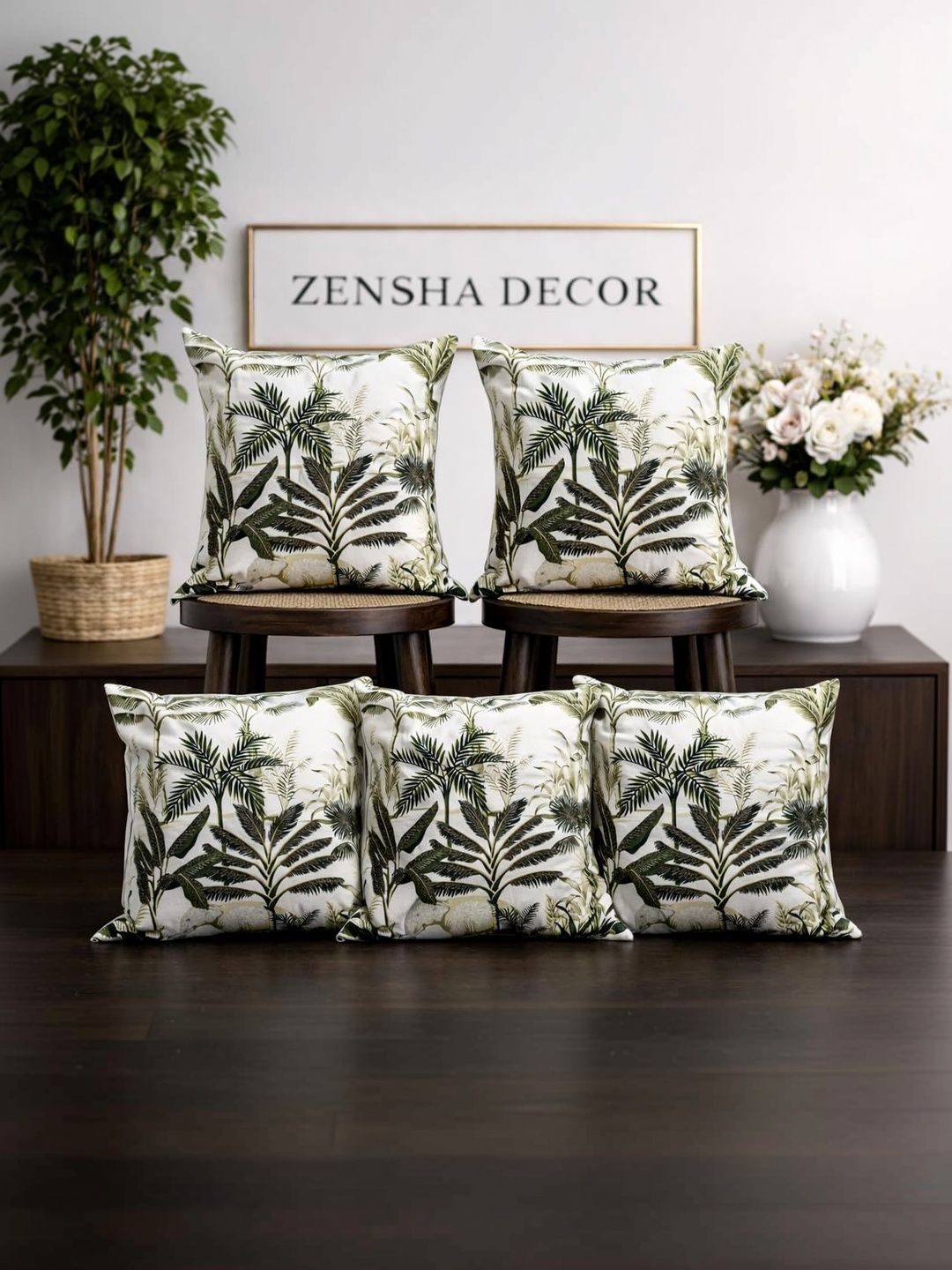 ZENSHA DECOR Green Set of 5 Floral Square Cushion Covers-picture-26
