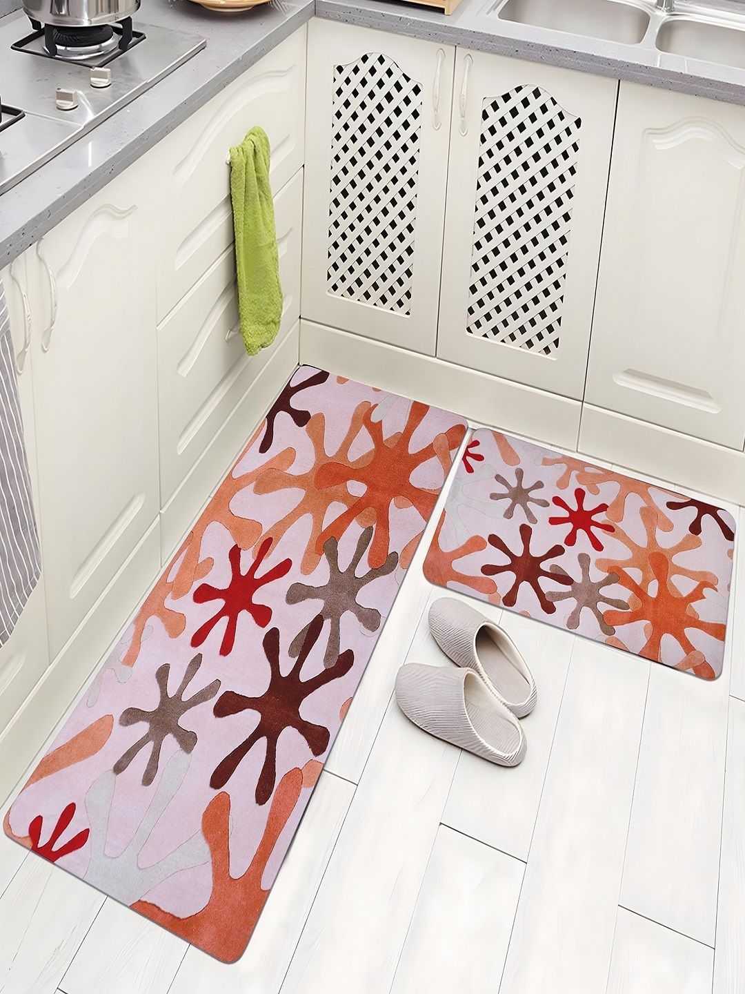 Aura Rust & White Printed Anti-Skid 2Pcs Kitchen Mats-image-11