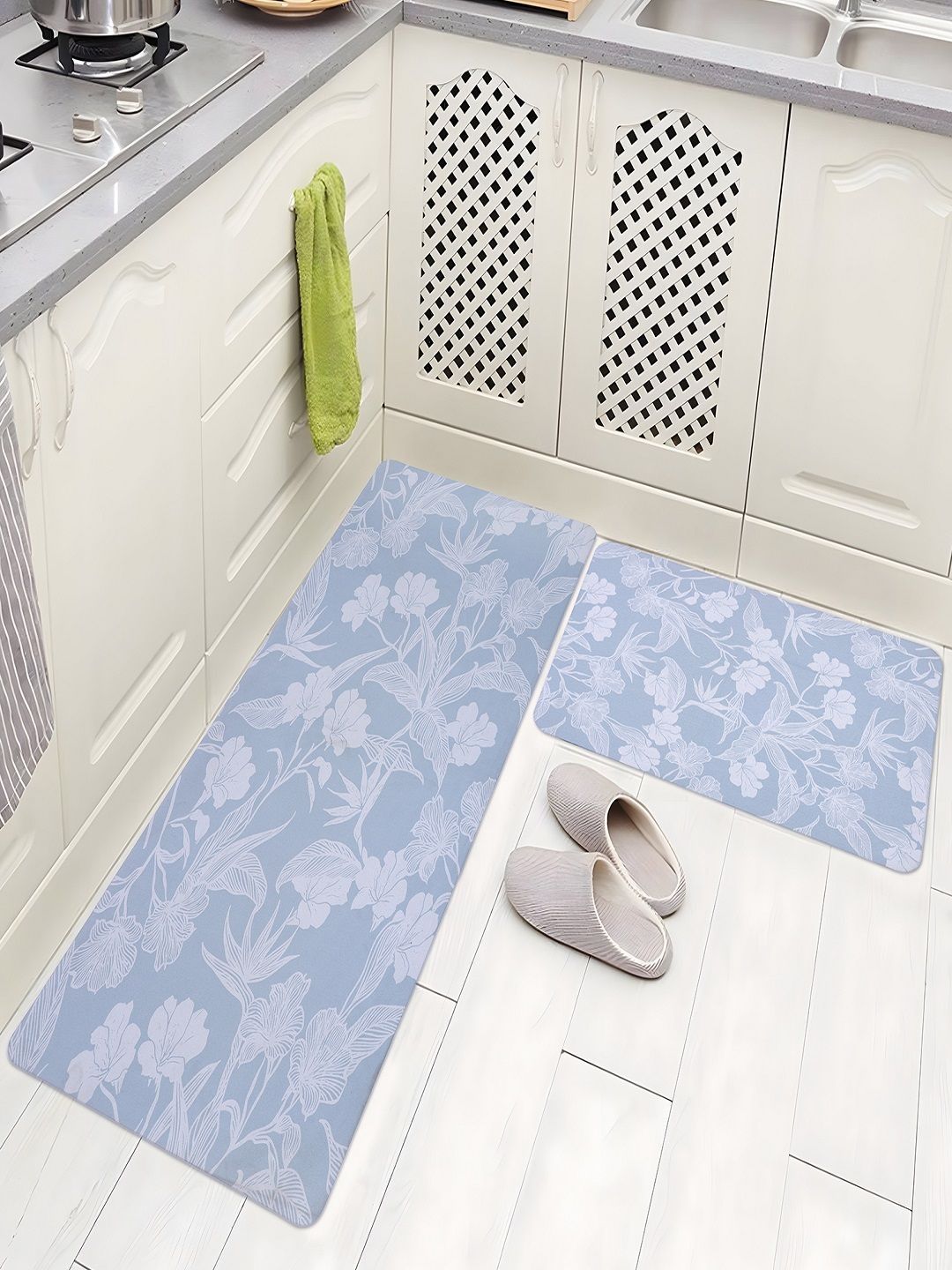 Aura Blue & White Printed Anti-Skid 2Pcs Kitchen Mats-picture-48