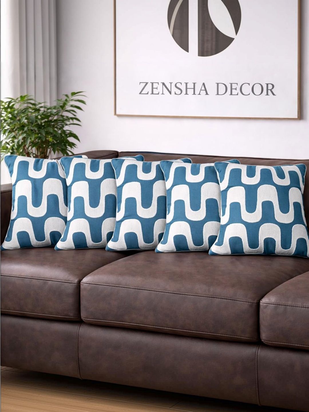 ZENSHA DECOR Teal Set of 5 Geometric Square Cushion Covers-picture-11