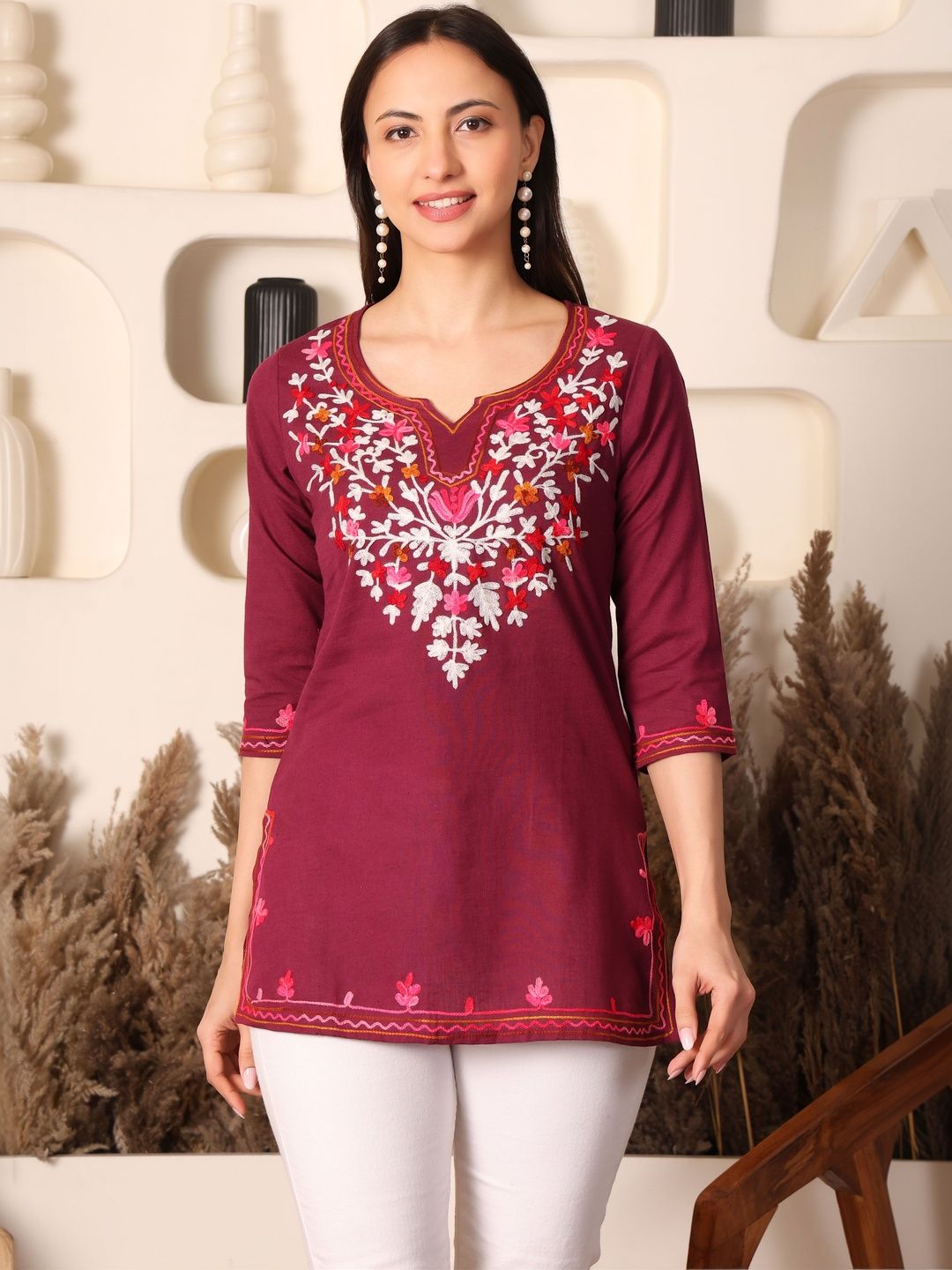 Taziraa Floral Embroidered V-Neck Pure Cotton Blend Khadi Kurti-picture-12