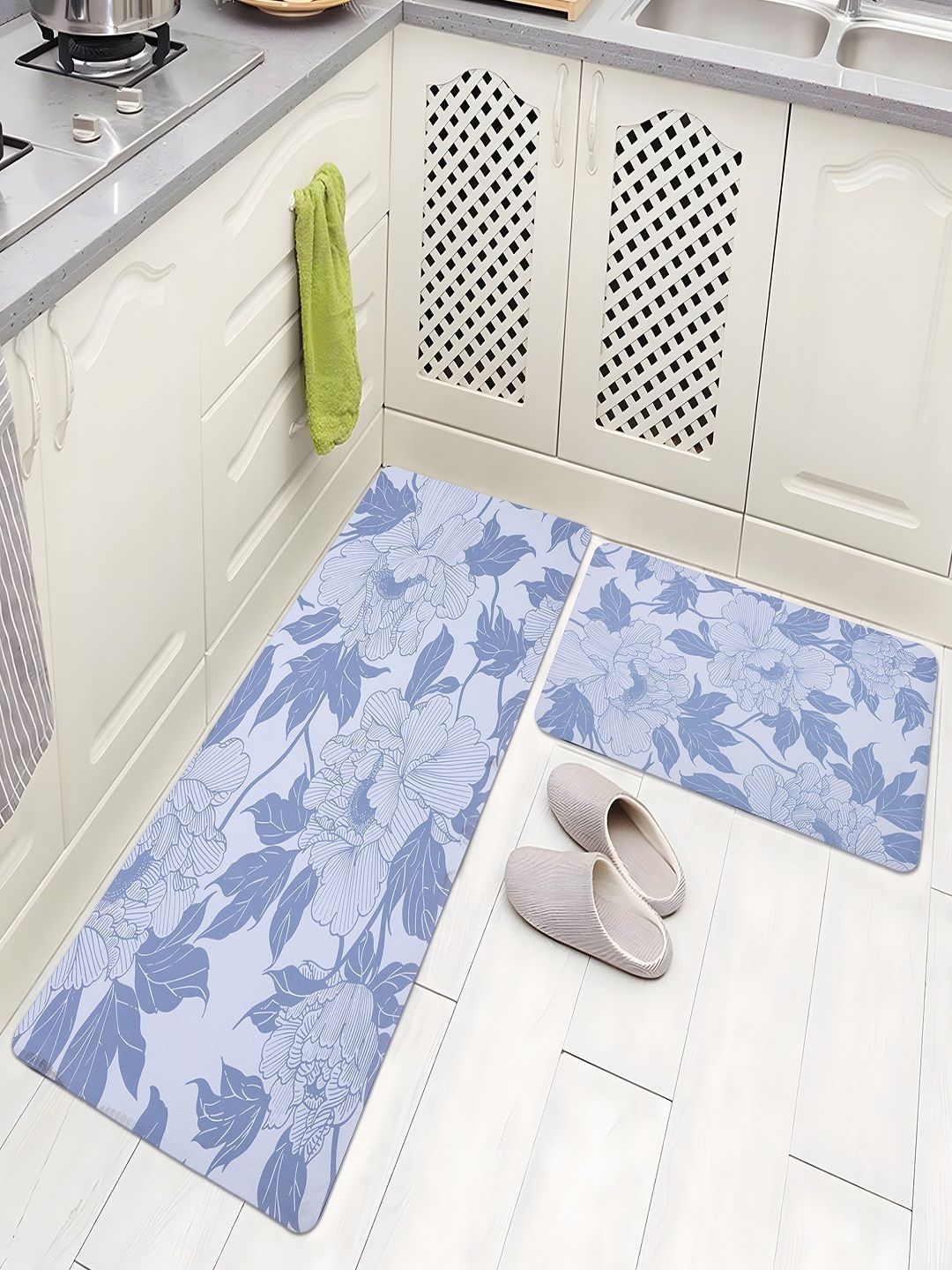 Aura Blue & White Printed Anti-Skid 2Pcs Kitchen Mats-picture-36