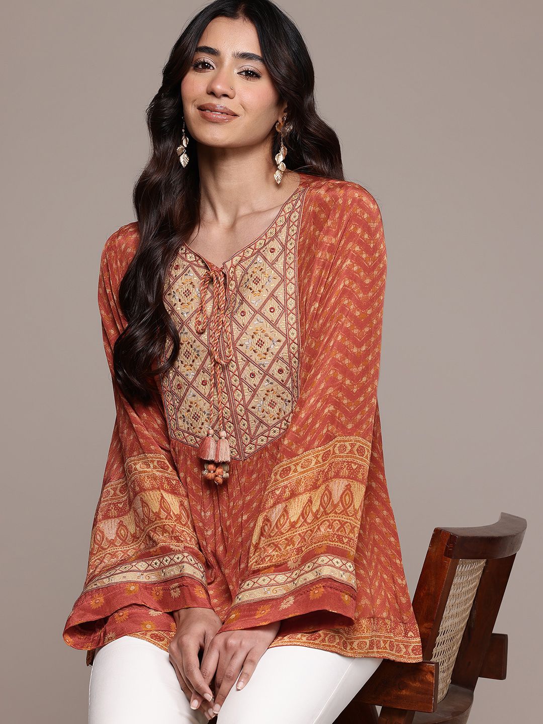 Ritu Kumar Print Tie-Up Neck Flared Sleeve Ethnic Top-picture-6