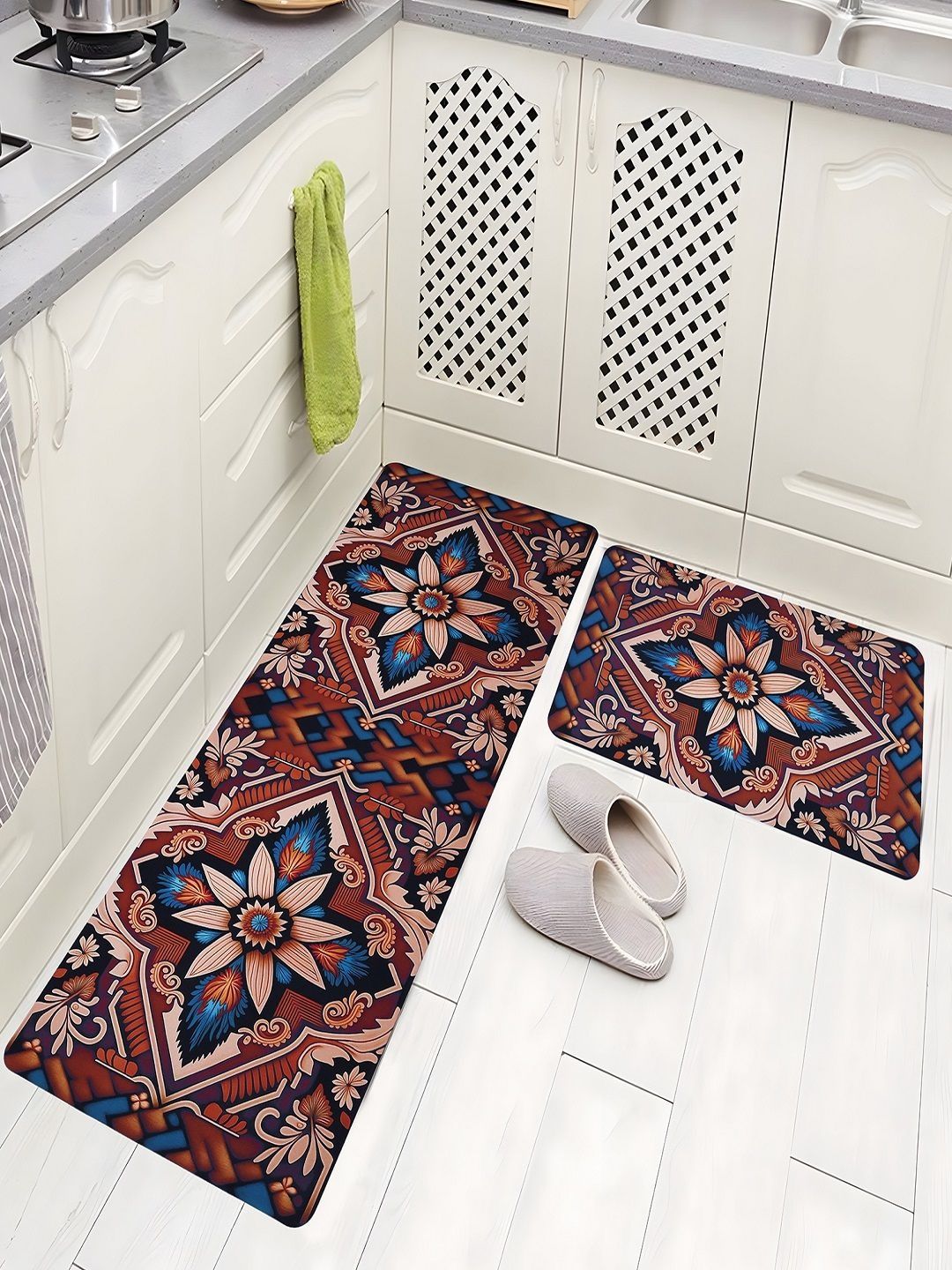 Aura Brown & Blue Printed Anti-Skid 2Pcs Kitchen Mats-image-23