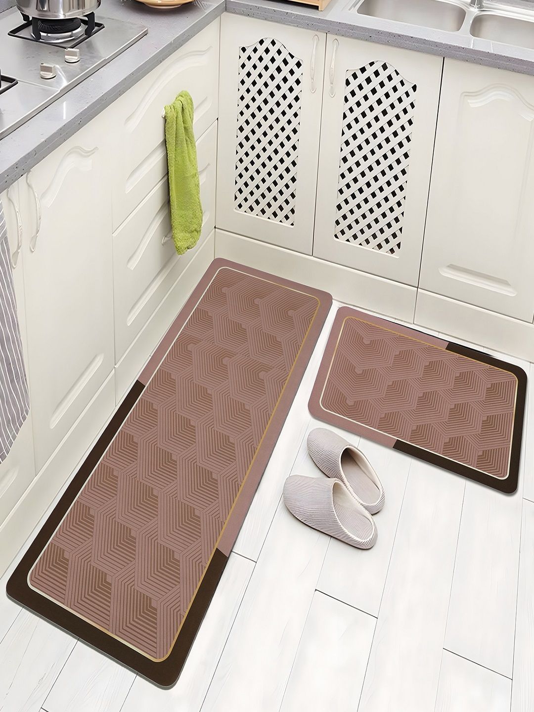 Aura Brown & Beige Printed Anti-Skid 2Pcs Kitchen Mats-image-42