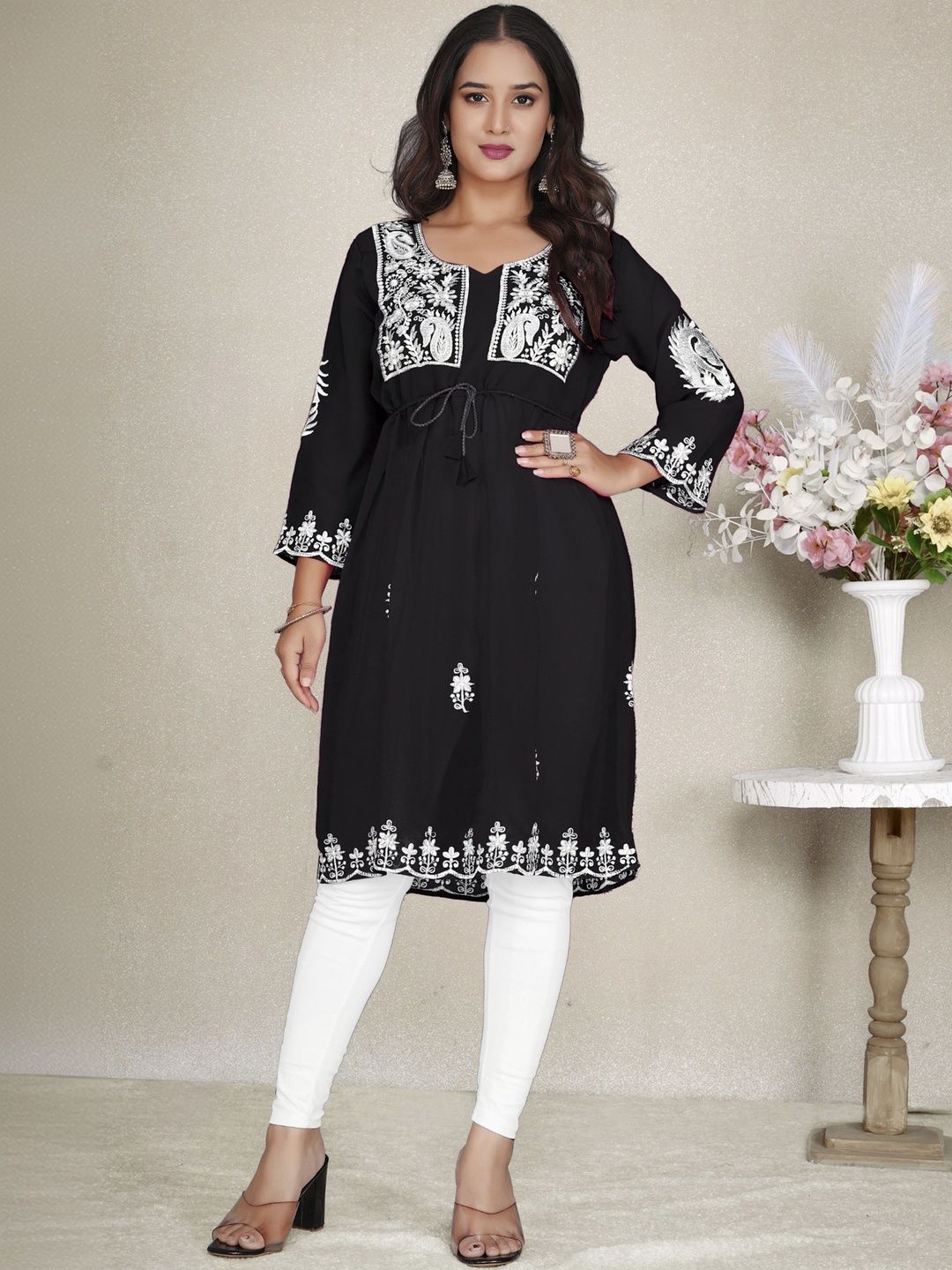 Moda Rapido Ethnic Motifs Embroidered V-Neck Thread Work Pure Georgette Thread Work Empire Kurti-image-35