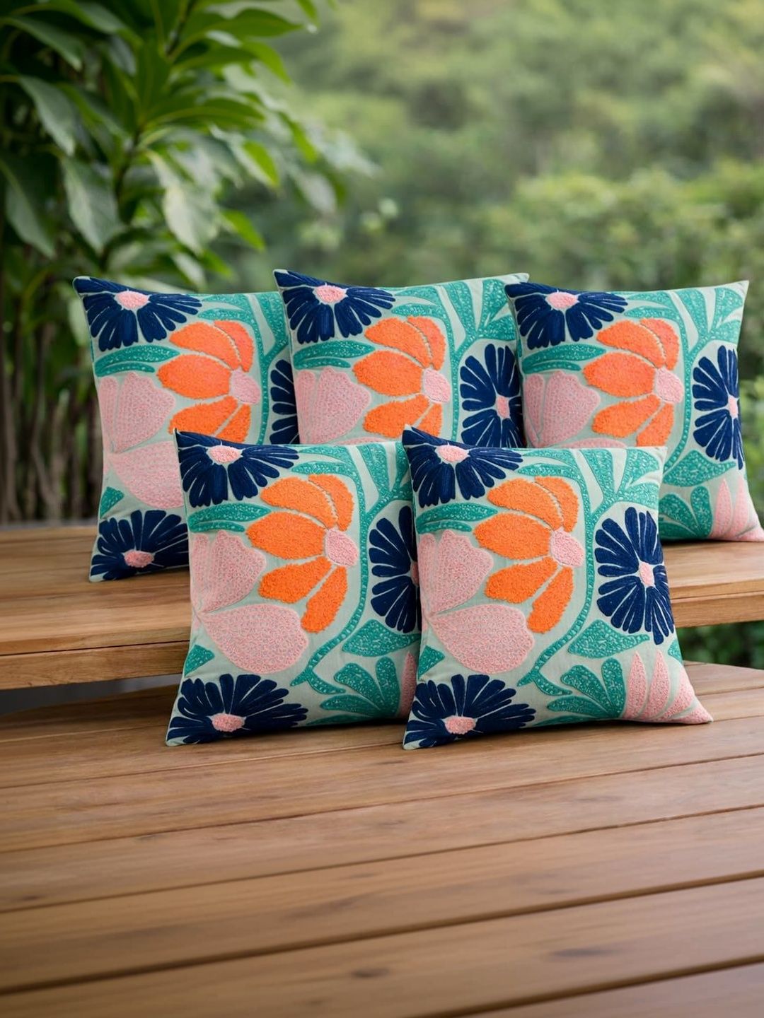 ZENSHA DECOR Multicoloured Set of 5 Floral Square Cushion Covers-picture-19