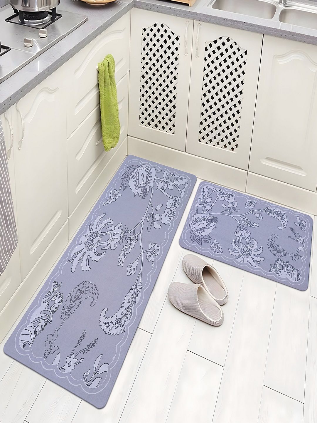 Aura Black & Grey Printed Anti-Skid 2Pcs Kitchen Mats-picture-52