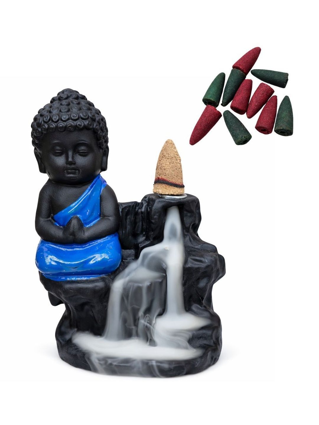 Tiny Shiny Black & Blue Textured Meditating Monk Buddha Smoke Fountain