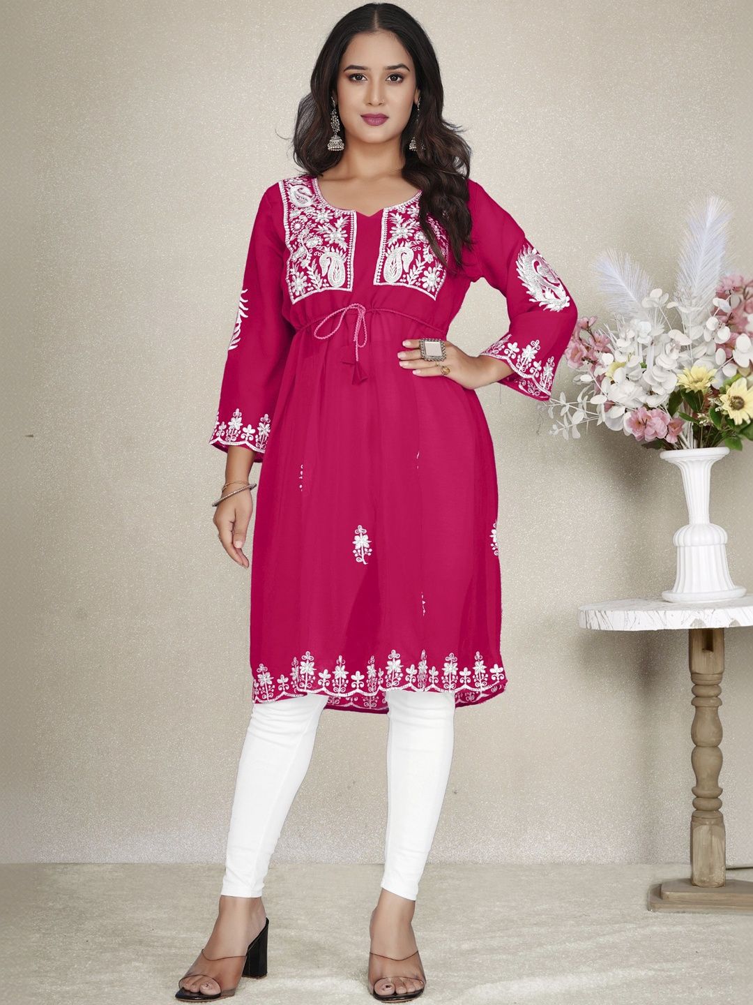 Moda Rapido Ethnic Motifs Embroidered V-Neck Thread Work Pure Georgette Thread Work Empire Kurti-picture-31