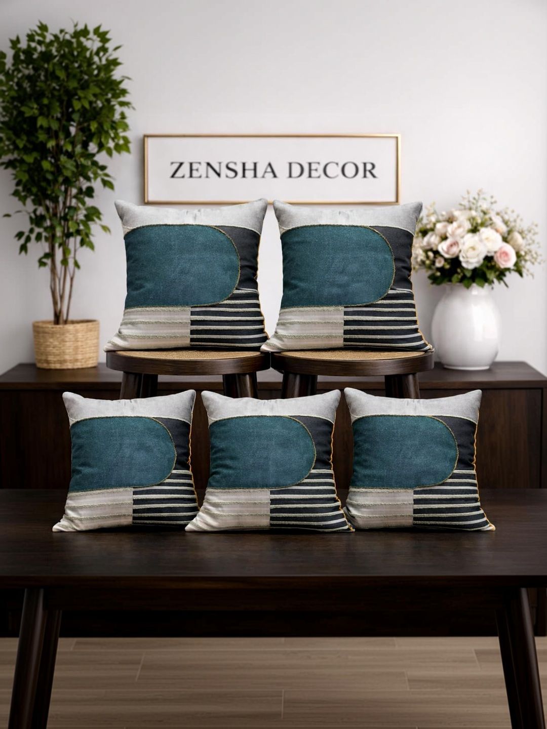 ZENSHA DECOR Grey Set of 5 Striped Square Cushion Covers-picture-24