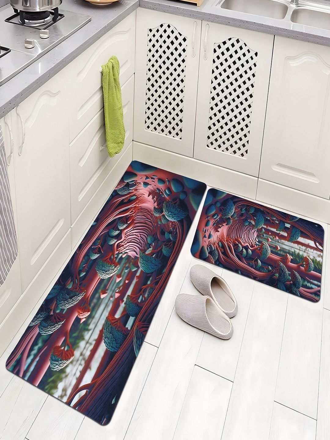 Aura Blue & Red Printed Anti-Skid 2Pcs Kitchen Mats-picture-46