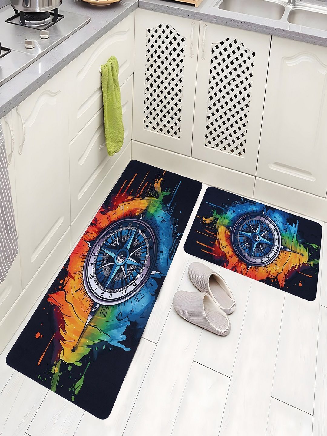 Aura Blue & Black Printed Anti-Skid 2Pcs Kitchen Mats-picture-54