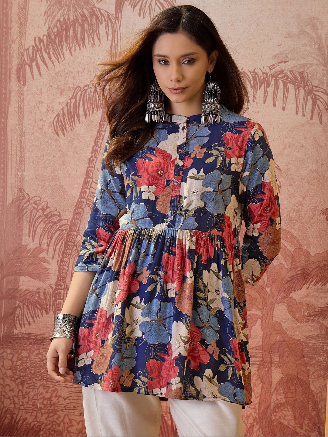 Sangria Floral Foil Printed A-Line Kurti-image-19