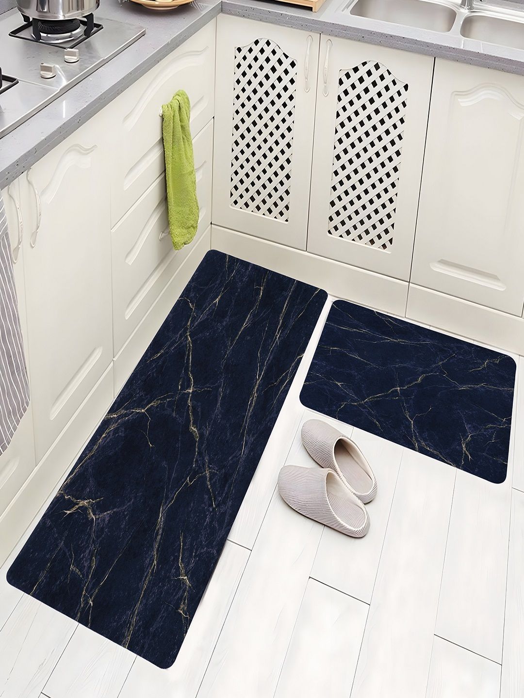 Aura Navy Blue Printed Anti-Skid 2Pcs Kitchen Mats-image-27
