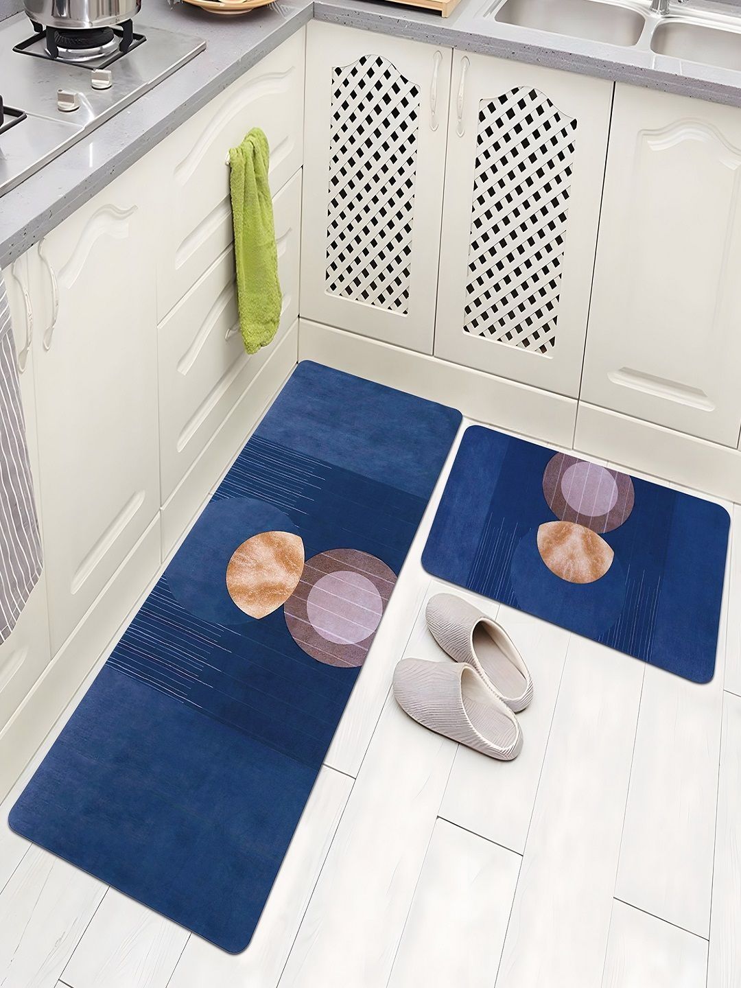 Aura Peach & Navy Blue Printed Anti-Skid 2Pcs Kitchen Mats-image-5