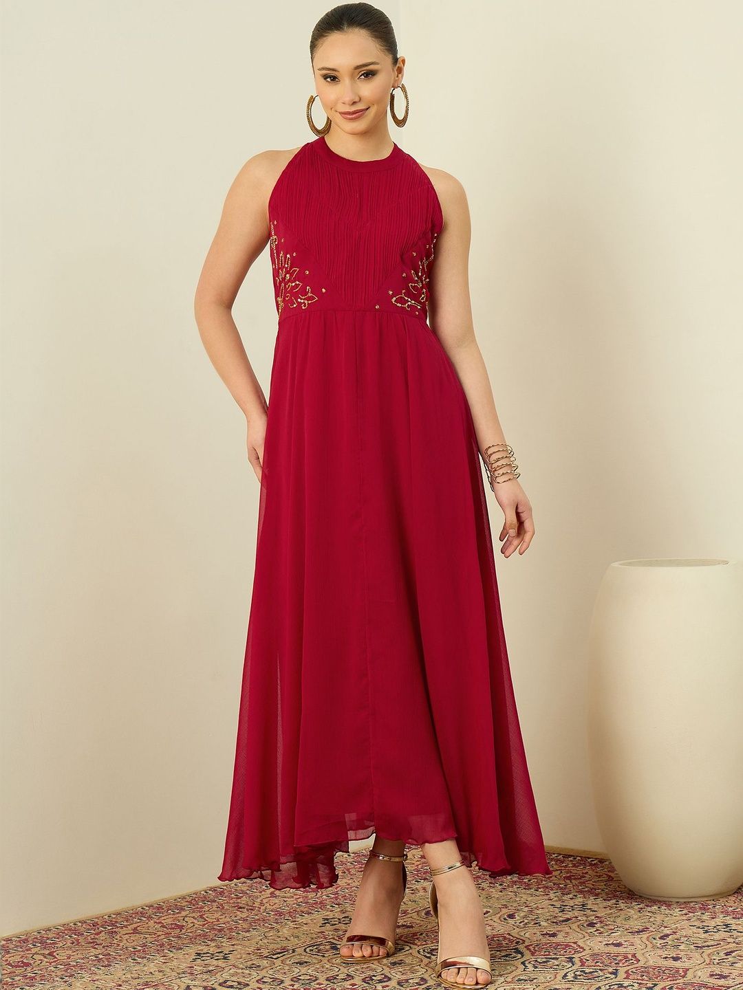 Antheaa Embellished Halter Neck Chiffon A-Line Maxi Dress-picture-19