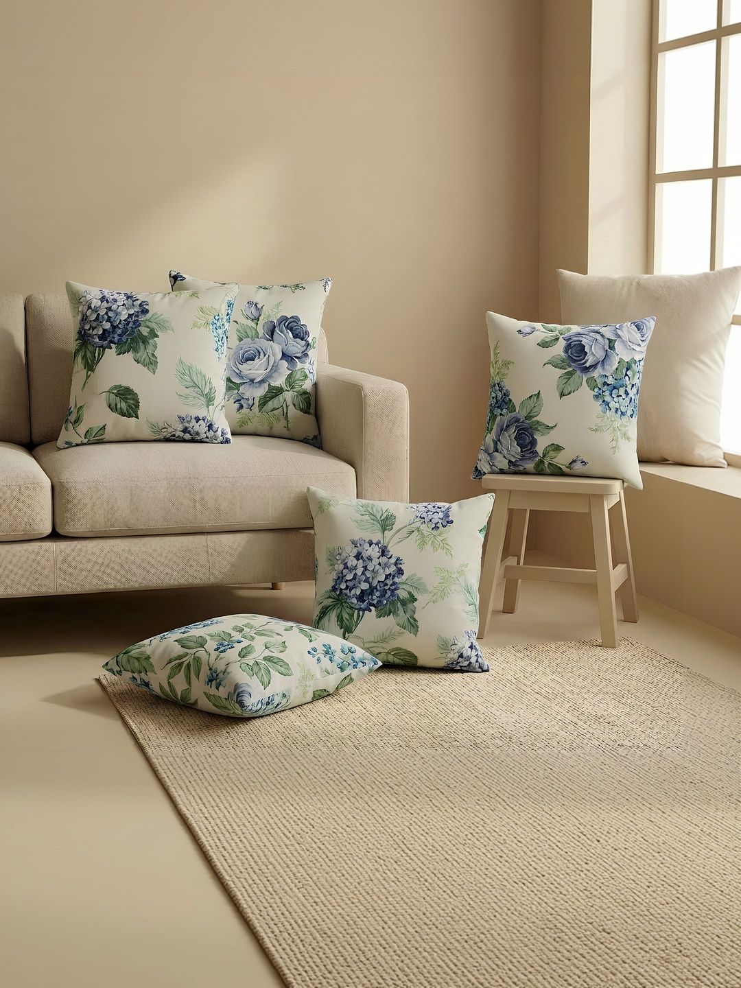 The Home Story Off White & Green Set of 5 Floral Square Cushion Covers-picture-23