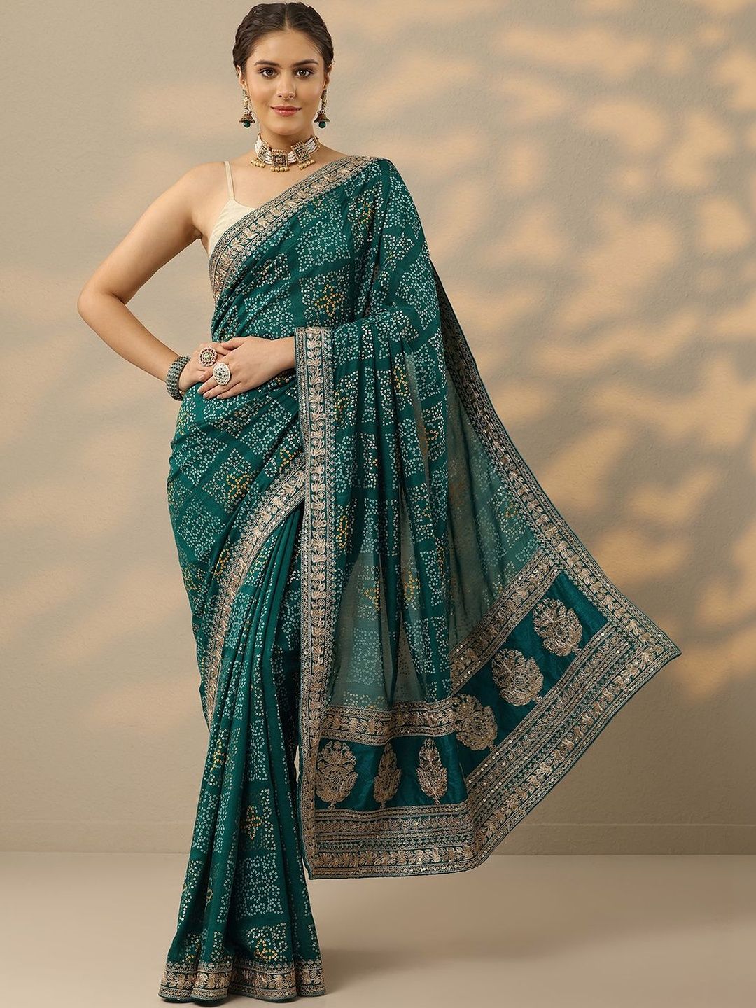Libas Green Bandhani Printed Saree With Unstitched Blouse Piece-picture-17