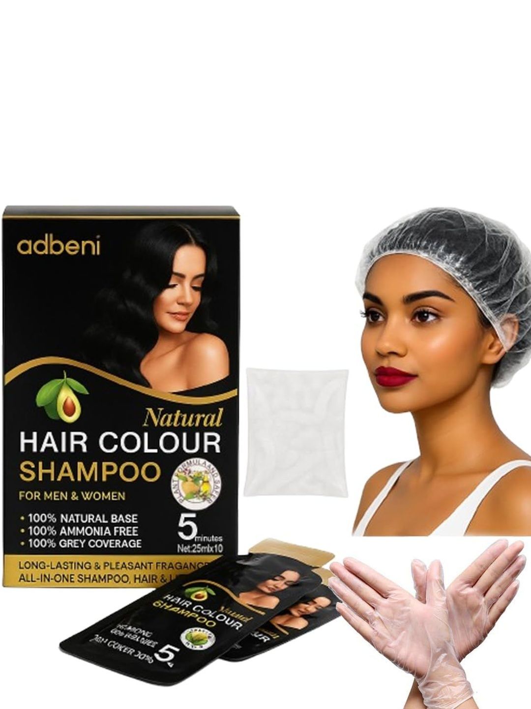 Adbeni Ammonia-Free Hair Colour Shampoo & Conditioner With Gloves & Shower Cap-250ml-Black-image-21