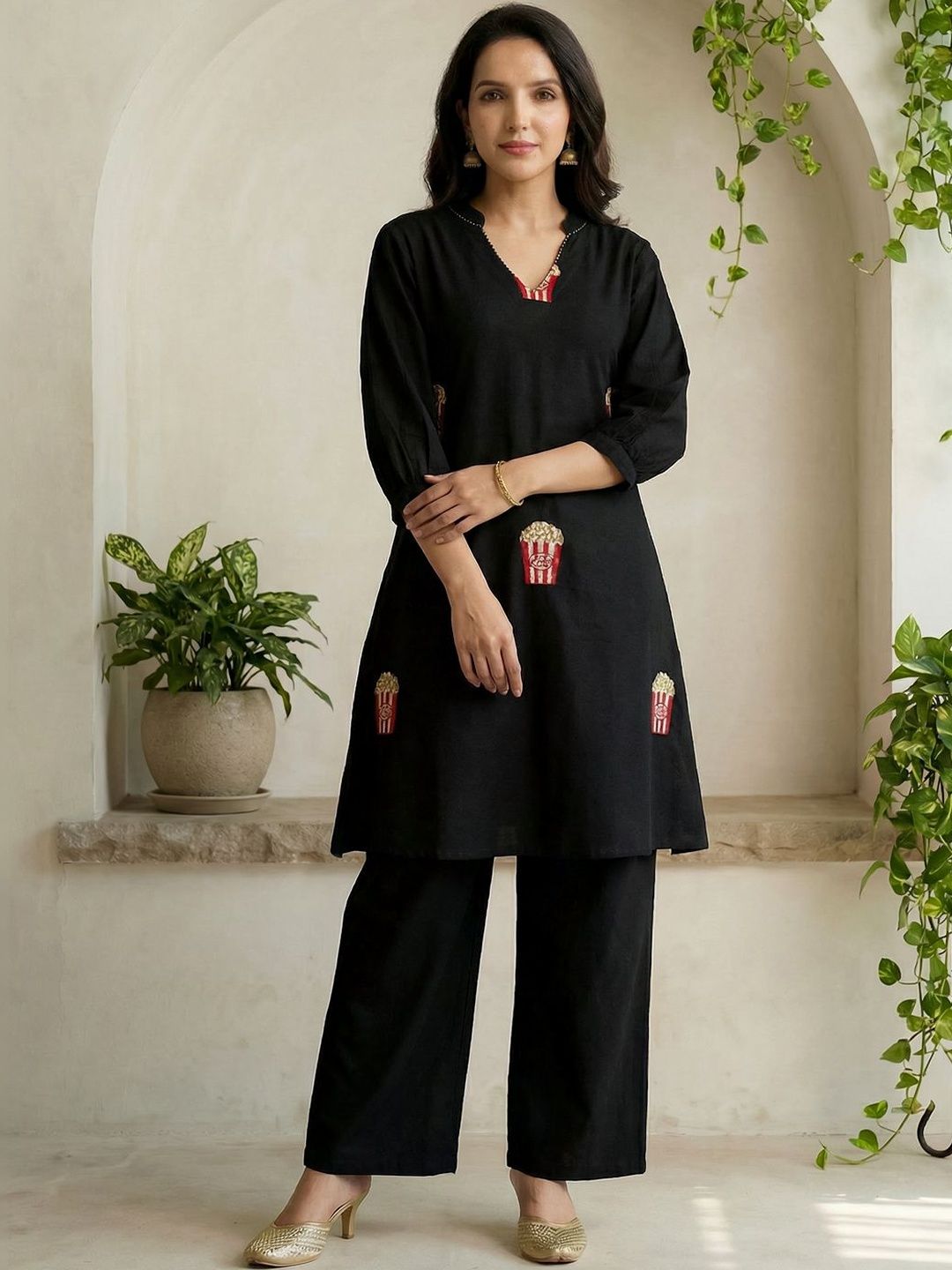 Indo Era Women Ethnic Motifs Embroidered Regular Thread Work Pure Cotton Kurti with Palazzos-picture-38