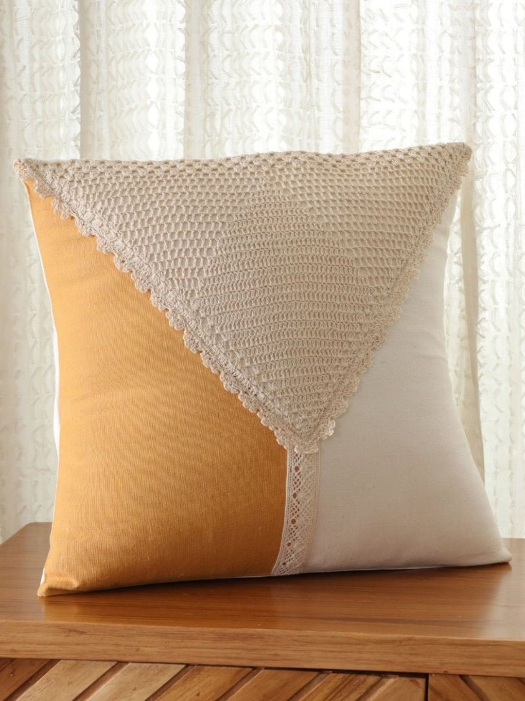 Peepul Tree Mustard & Off White Set of 4 Colourblocked Square Cushion Covers-picture-17