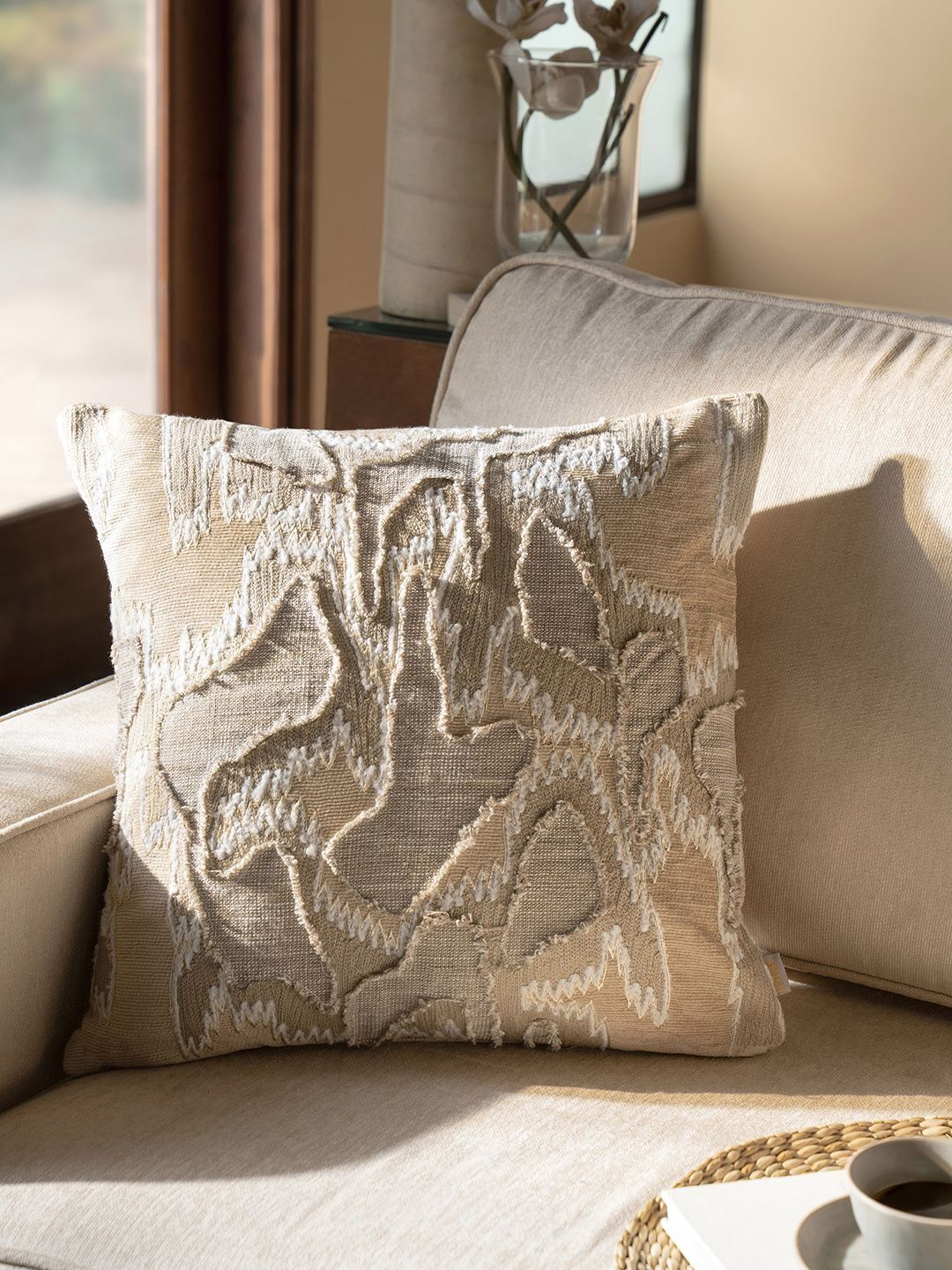 MASPAR Cushion Cover Beige Embroidered Square Cushion Covers-image-4