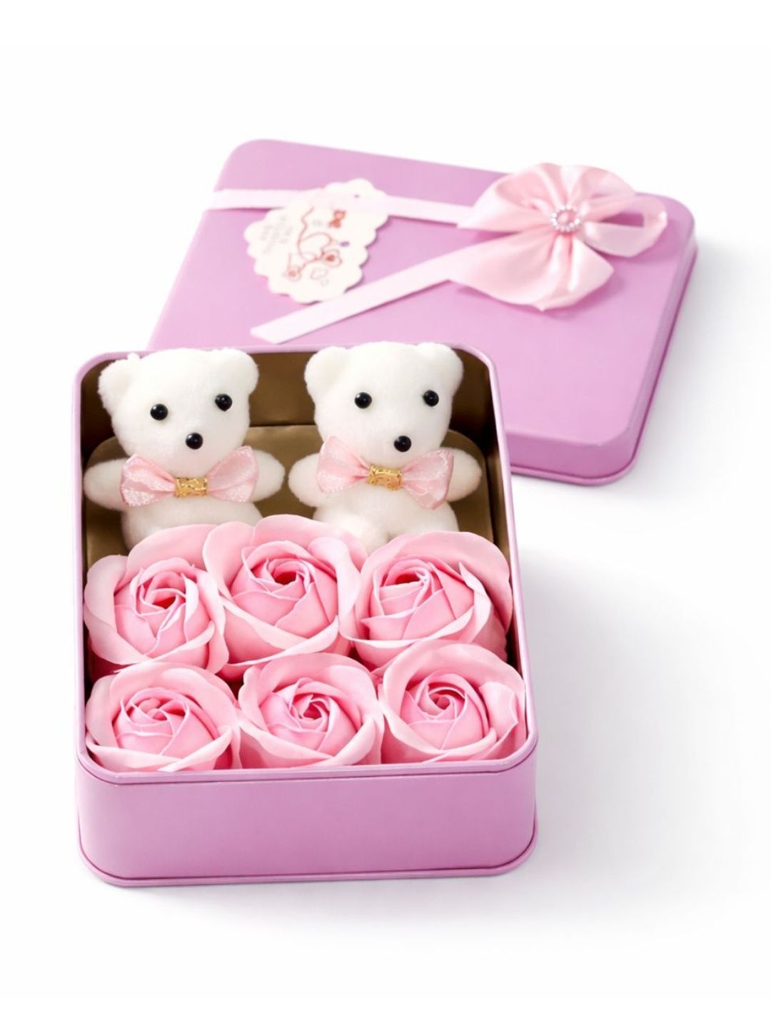 Tiny Shiny Pink & White 2Pc Teddy & 6-Pcs Roses Home Gift Set-picture-5