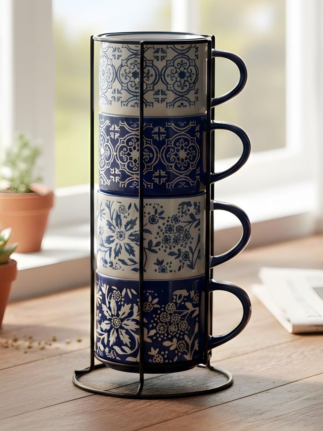 Femora Blue Printed Floral Ceramic Glossy Core Set of Cups and Mugs-image-31