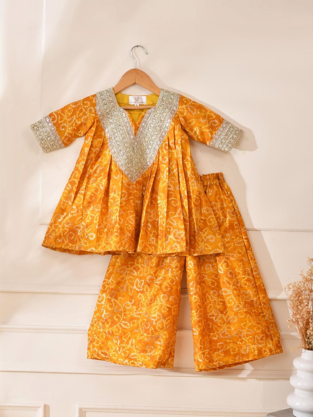 Rangpur Girls Bandhani Printed Pleated Gotta Patti Kurta with Palazzos-picture-38