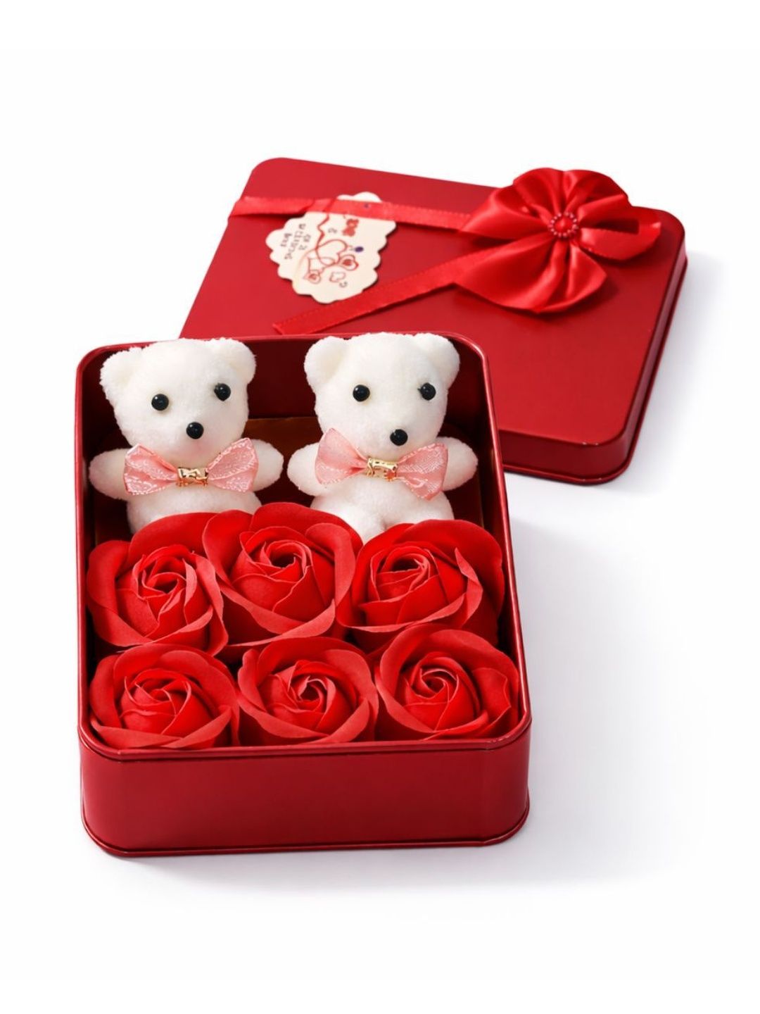 Tiny Shiny Red & White 2-Pc Teddy & 6-Pcs Roses Home Gift Set-image-4