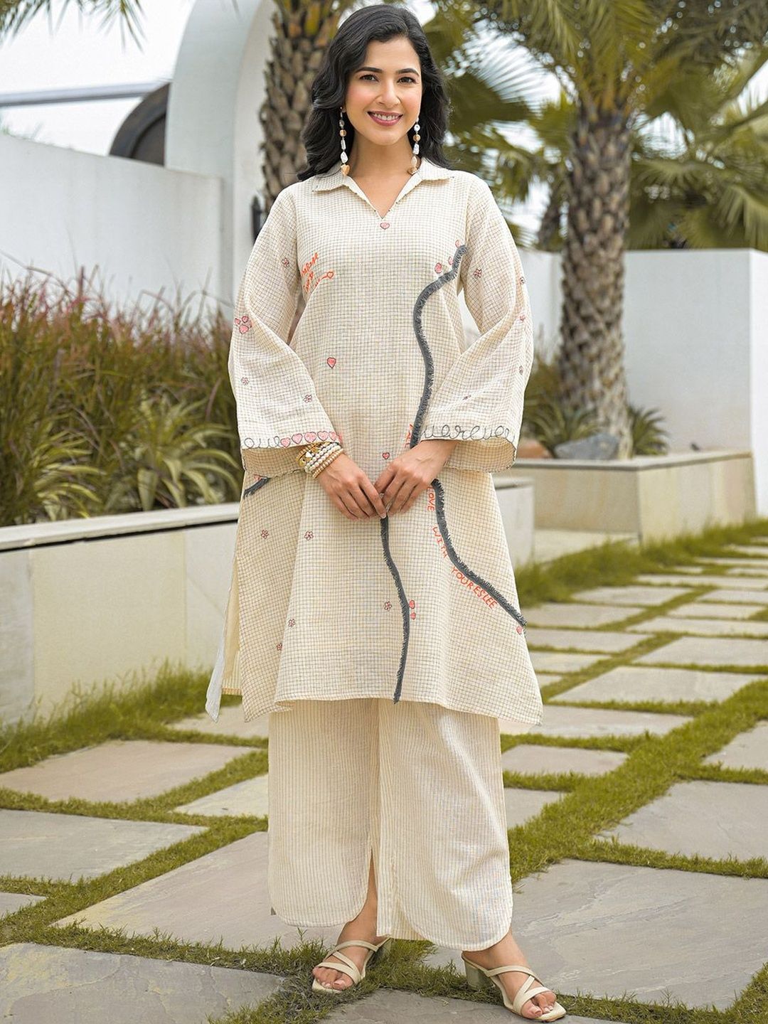 Varanga Off-White Kurta And Palazzo Set Featuring Textured Checks And Contemporary Abstract Embroidery-image-1