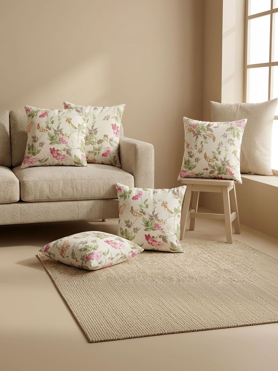 The Home Story White & Pink Set of 5 Floral Square Cushion Covers-picture-35
