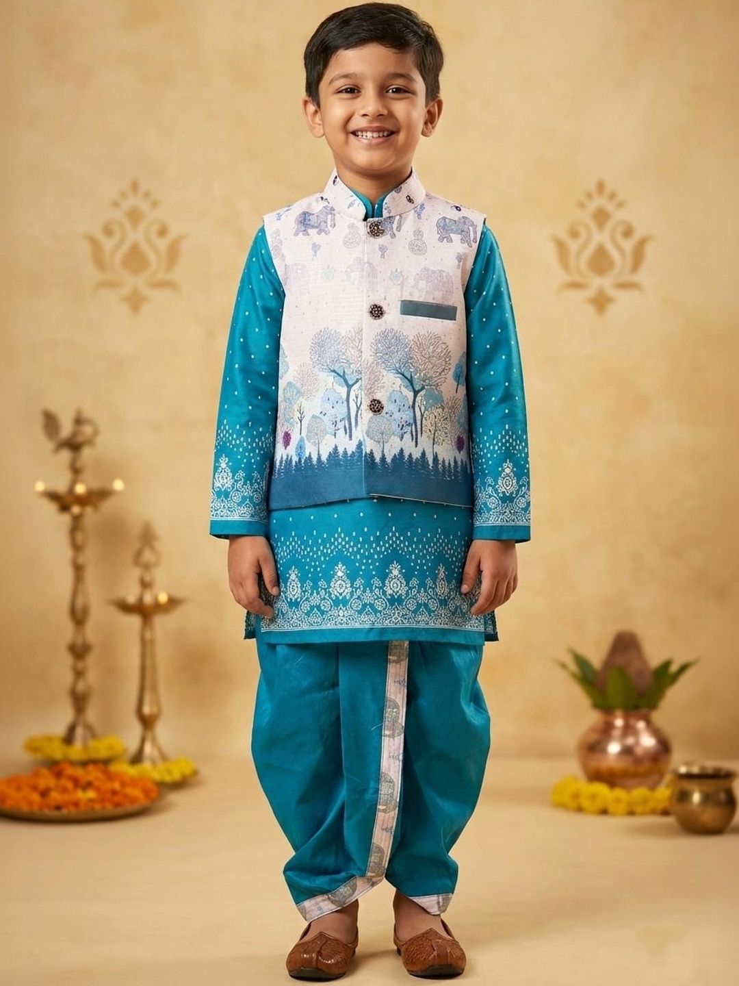 AHLAN APPARELS Boys Ethnic Motifs Printed Regular Dupion Silk Kurta with Dhoti Pants-picture-55