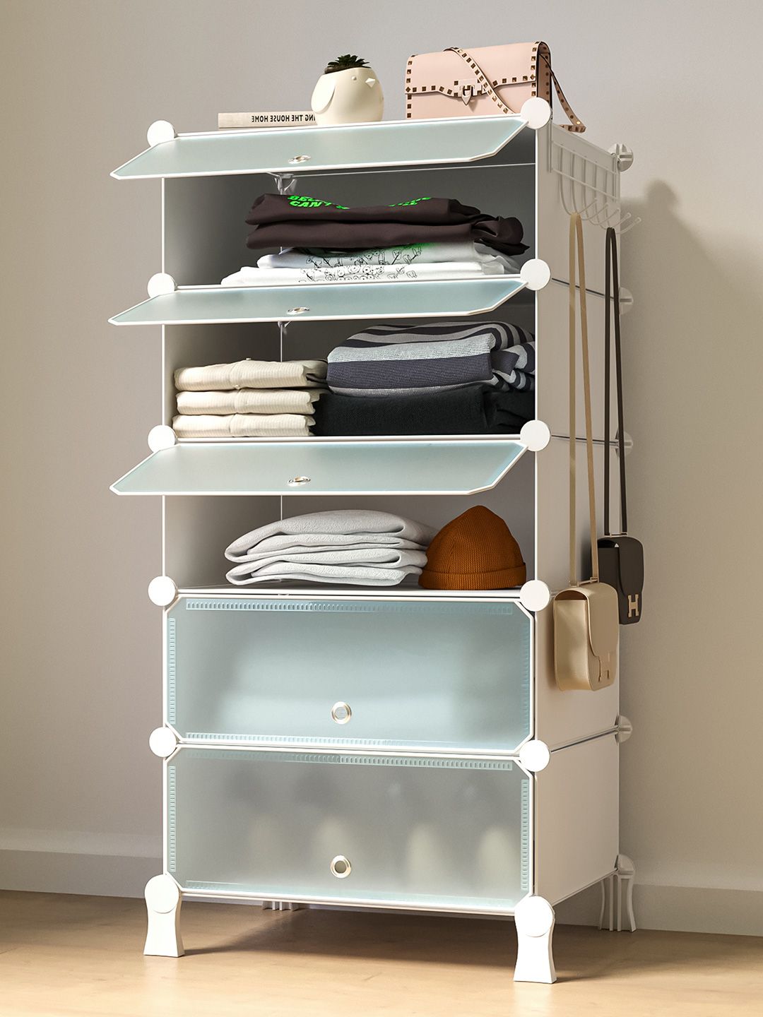 BOXJOY White 5 Shelf Layer Cloth Organizer Rack Wardrobe-picture-14