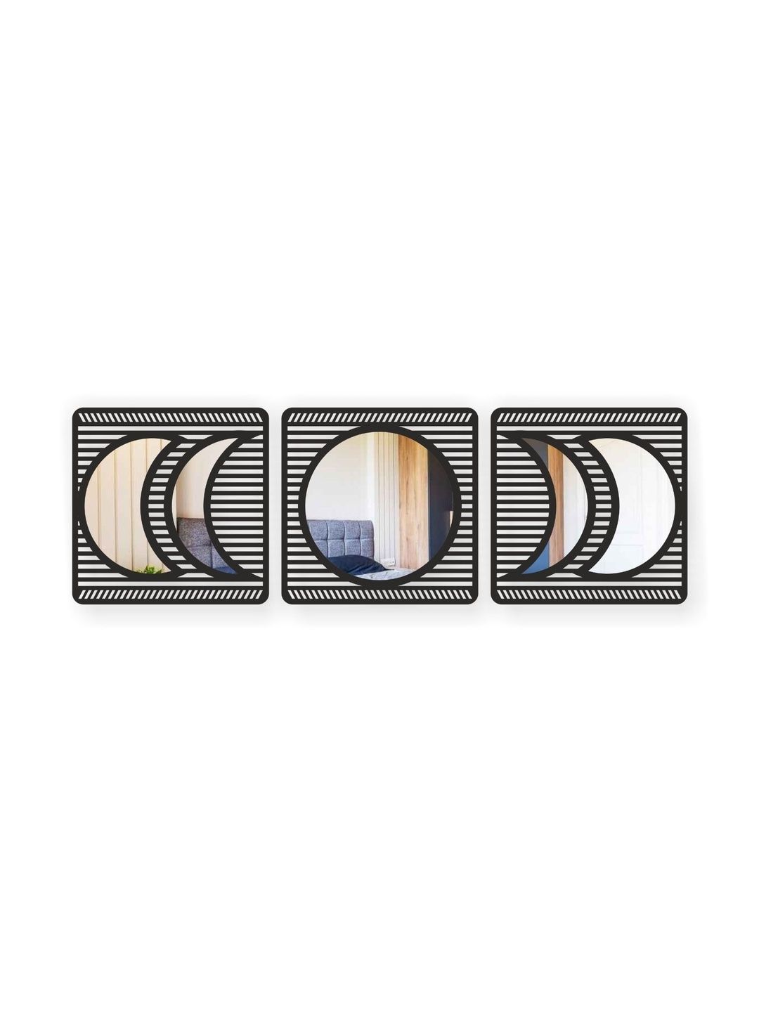 GloShvi 3Pcs Black Textured Geometric Acrylic & Wooden Mirrors-picture-14