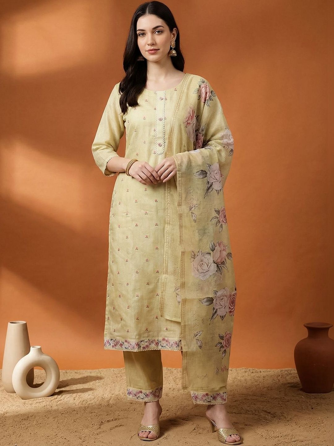 Indo Era Women Floral Printed Regular Thread Work Linen Kurta with Trousers & With Dupatta-image-28