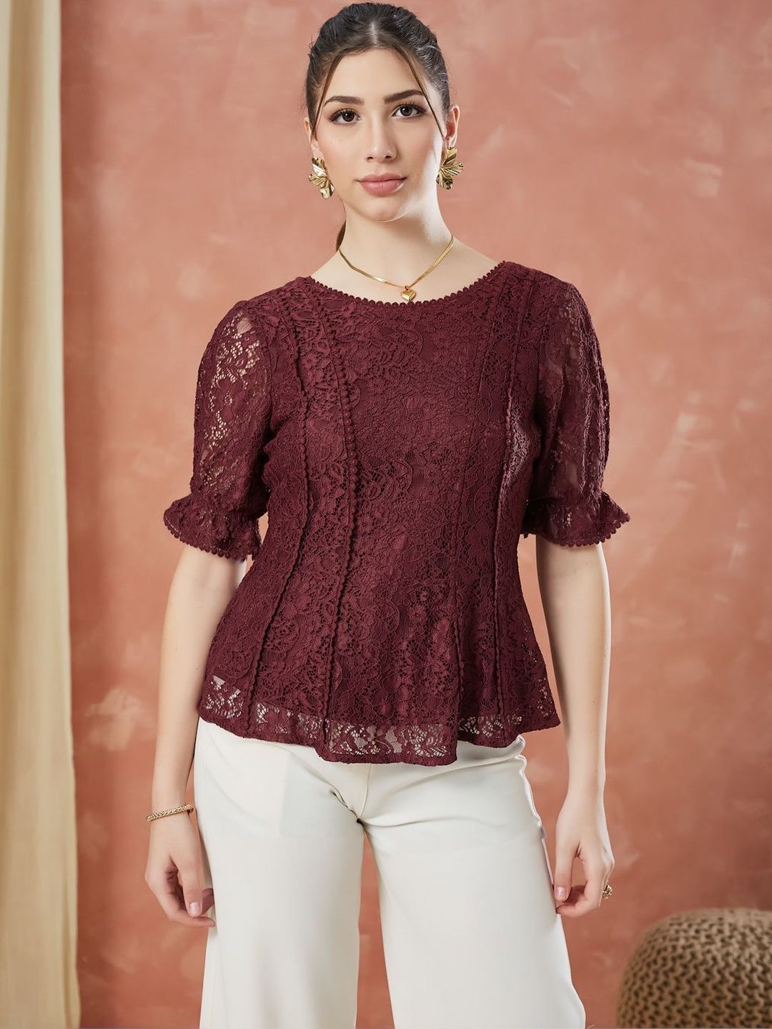 Latin Quarters Embroidered Puff Sleeve Peplum Top-picture-14