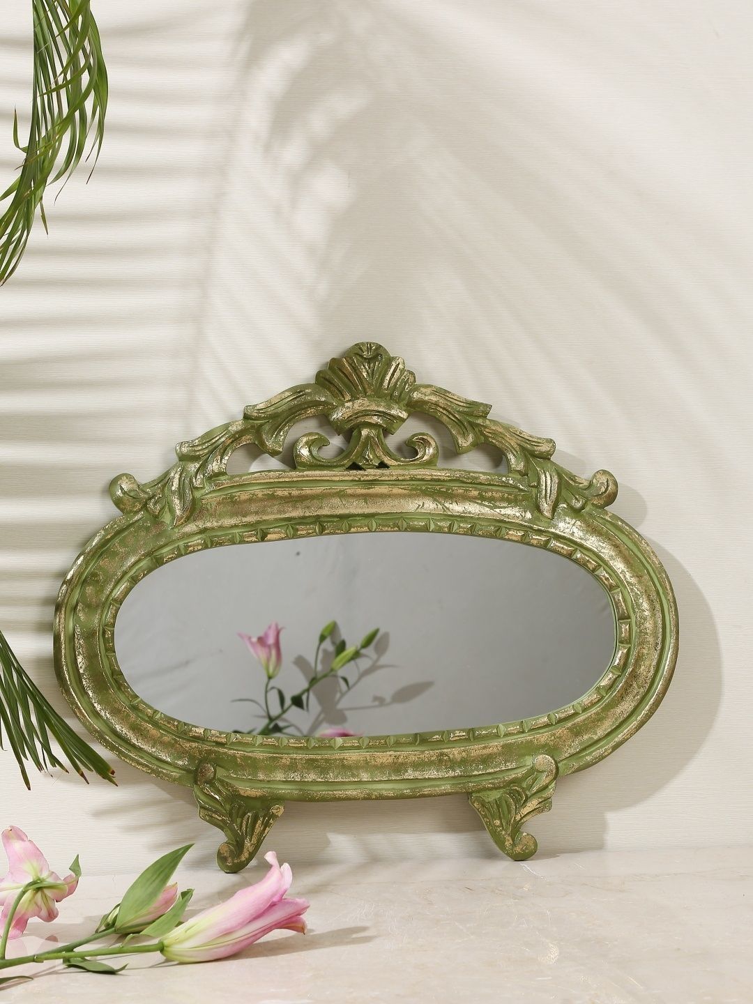 Revive Home Green Wooden Oval Shape Table Top Mirror-image-0