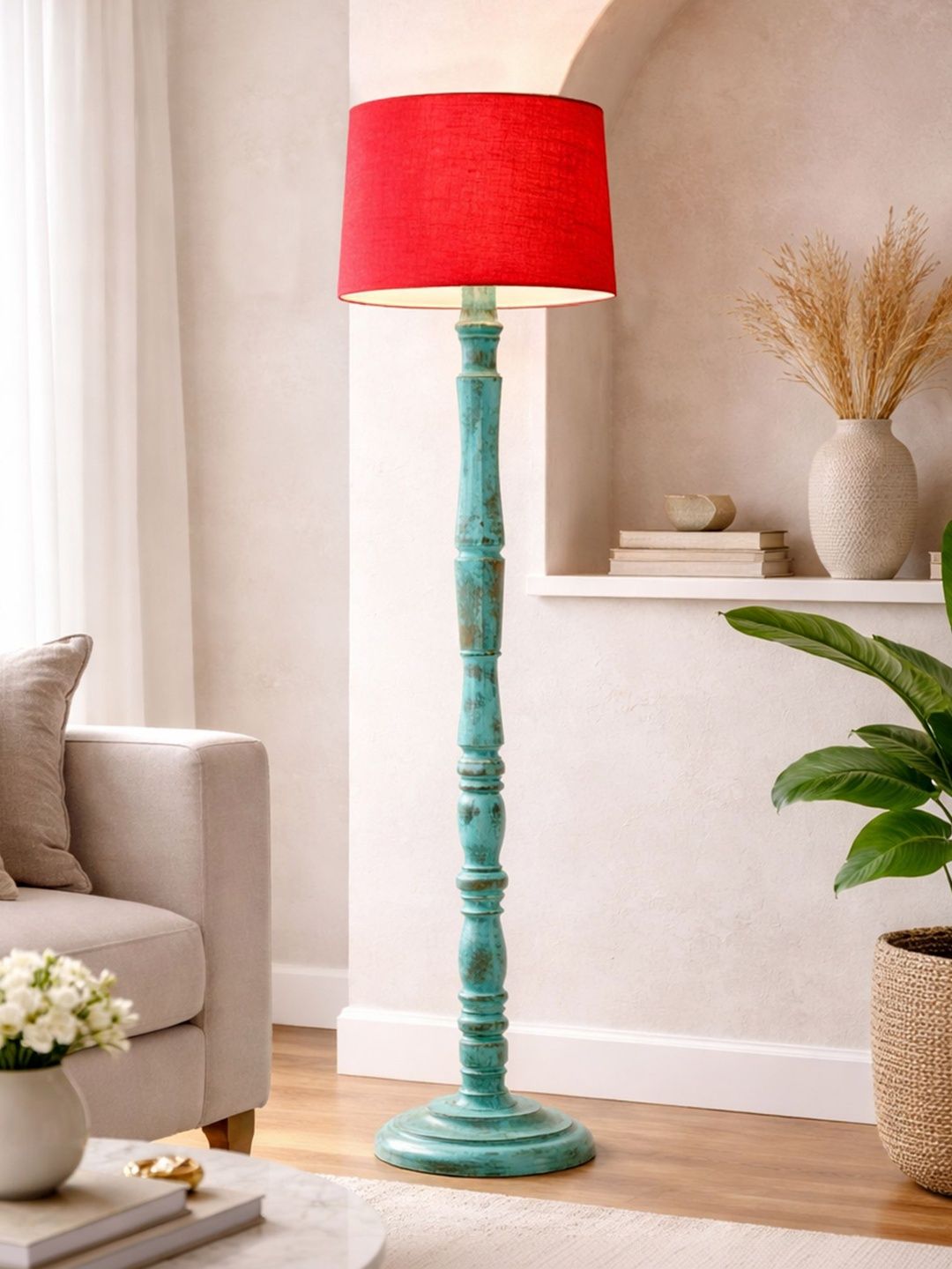 Glowhere Red & Turquoise Blue Textured Wooden Cylinder Floor Lamps-picture-0