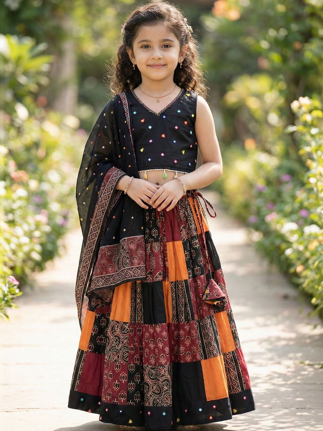 BAESD Girls Embellished Mirror Work Ready to Wear Lehenga & Blouse With Dupatta