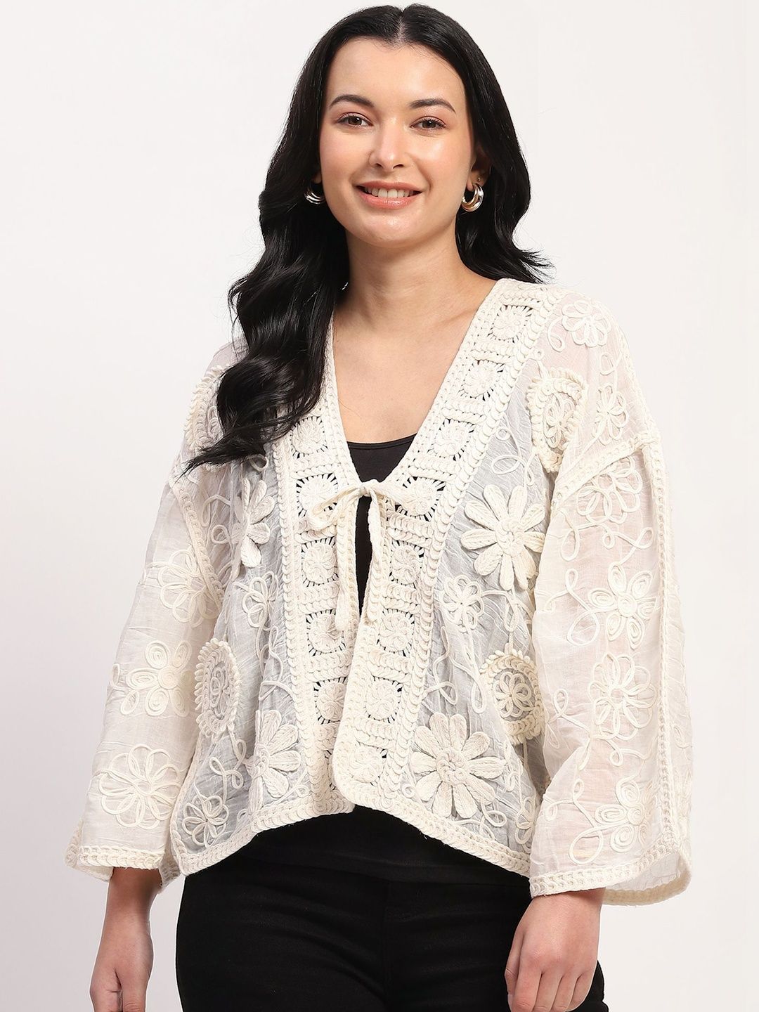 Global Republic Women Embroidered Tie-Up Shrug-image-17