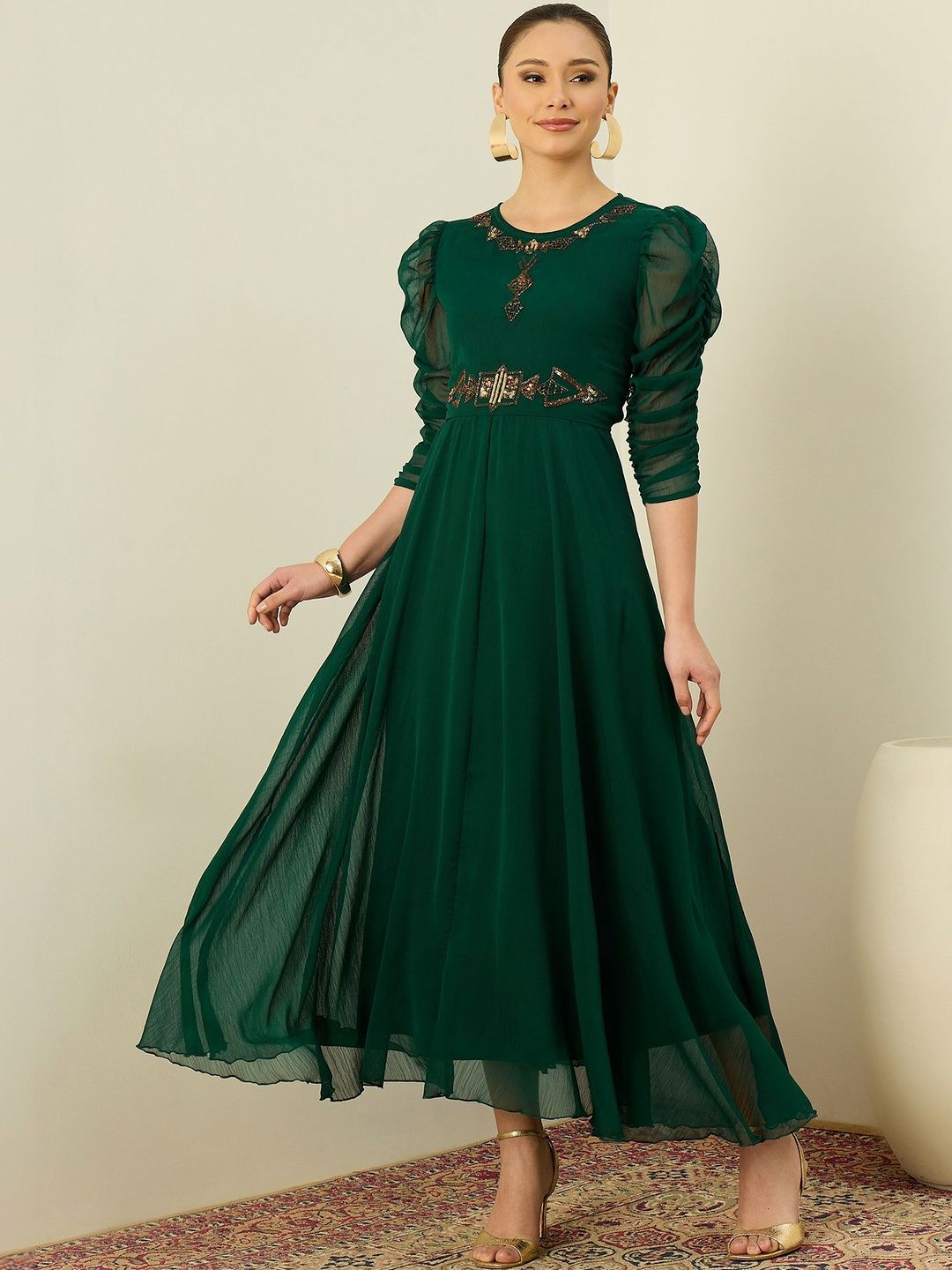 Antheaa Embellished Puff Sleeve Chiffon A-Line Midi Dress-picture-36