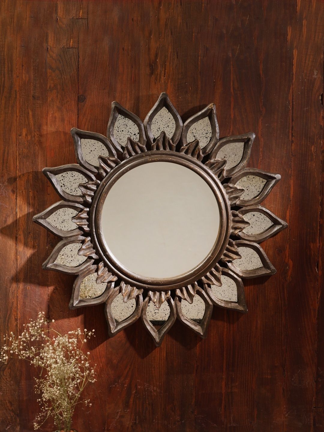 Revive Home MDF Wooden Round Flower Design Wall Mirror-picture-40