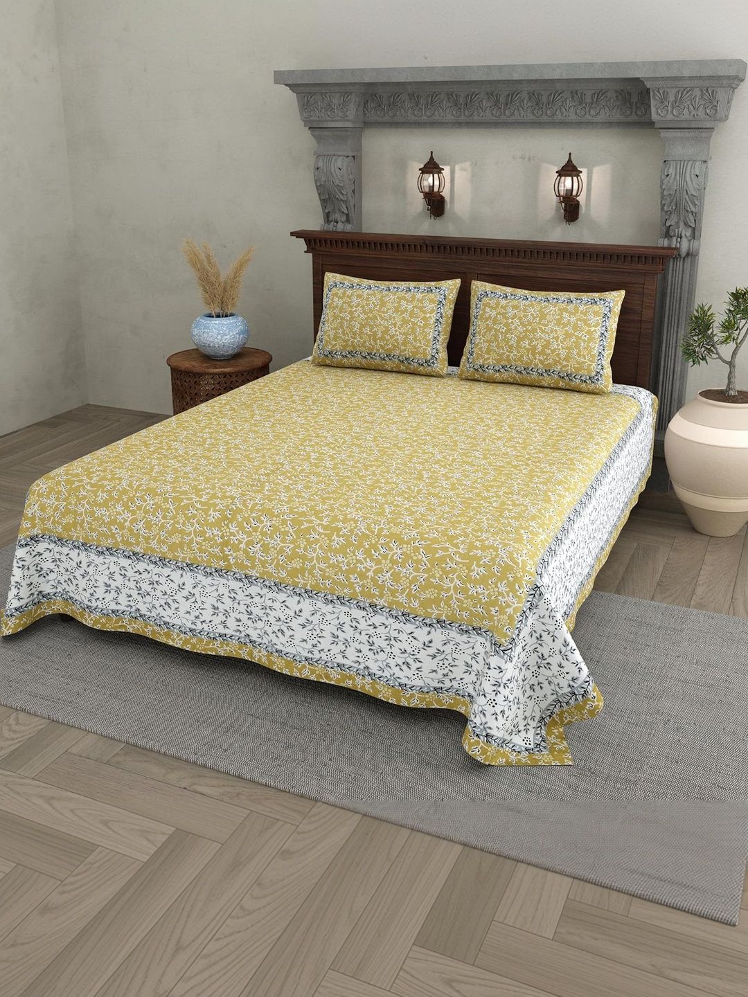 Maa Collection Yellow Geometric 180 TC King Bedsheet with 2 Pillow Covers-picture-46
