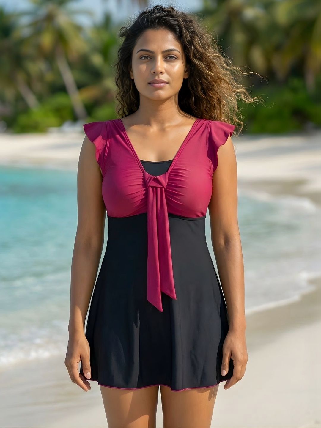 MEGASKA Colourblocked V-Neck Swimming Dress-picture-41
