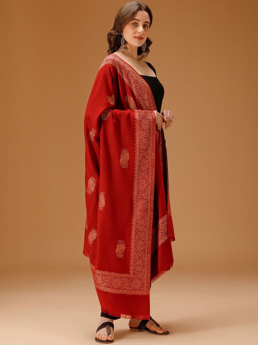 Knitkala Women Ethnic Motifs Woven Design Pashmina Blend Shawl-image-32