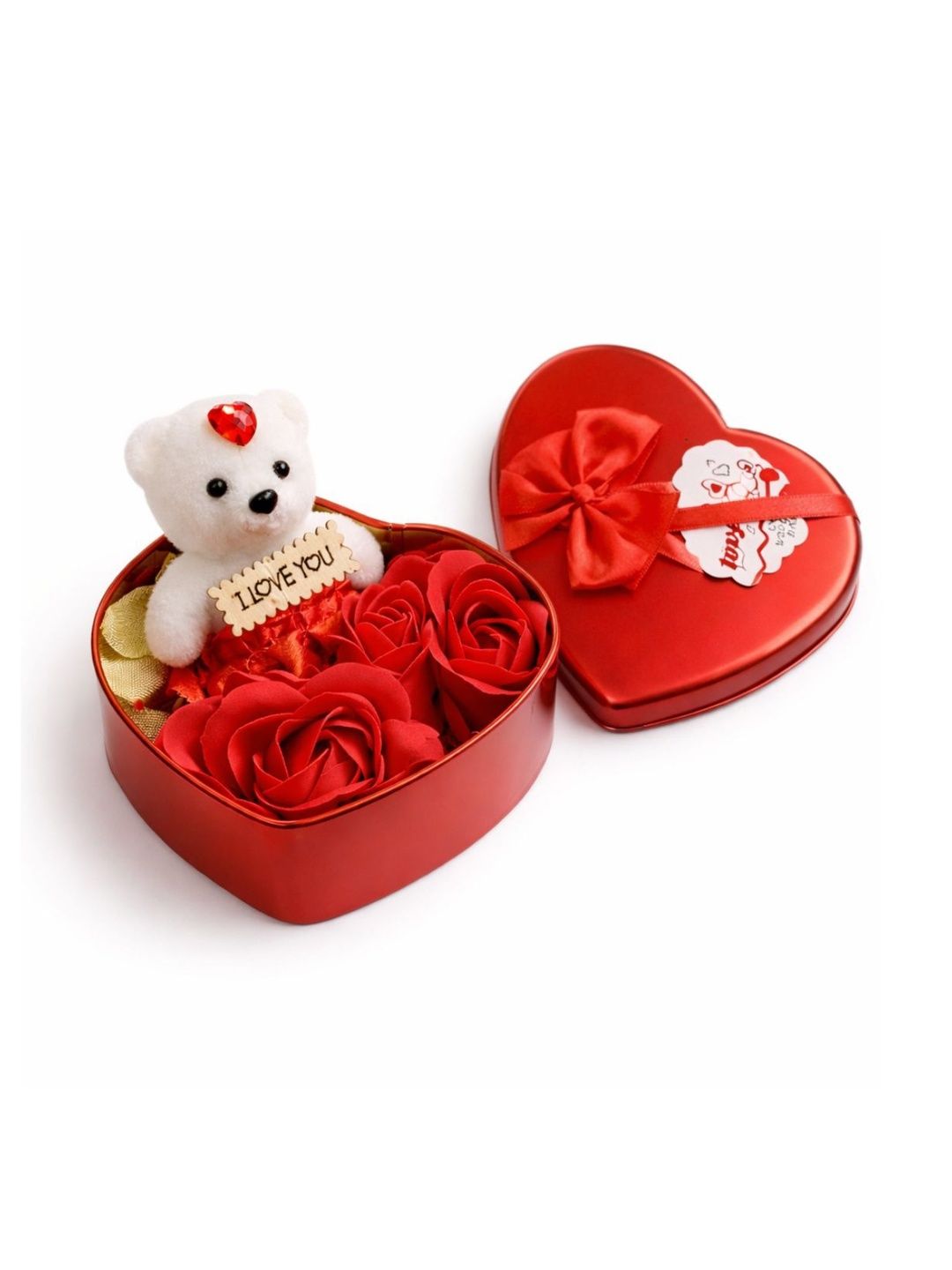 Tiny Shiny Red & White Teddy & 3-Pcs Roses Home Gift Set-image-10